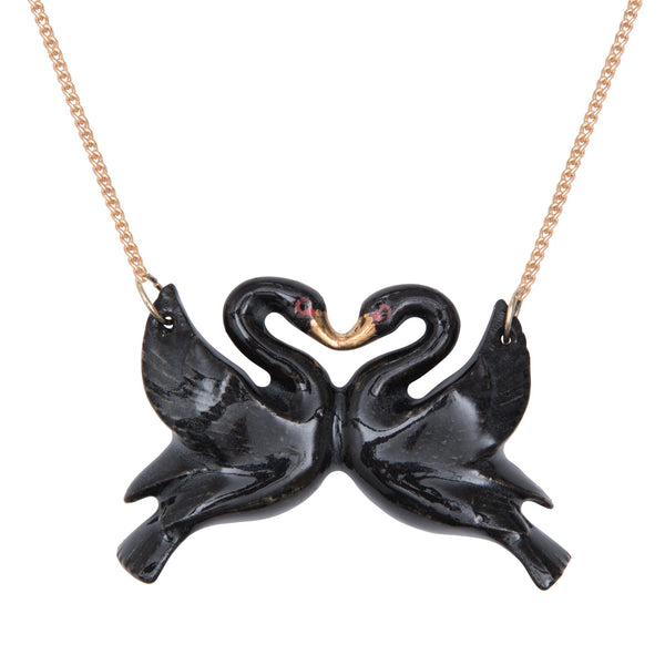 Perfectly Imperfect Black and Gold Kissing Swans Necklace